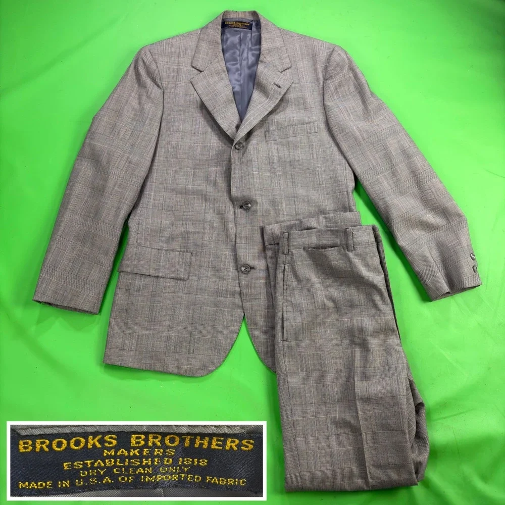 VTG Brooks Brothers 2pc Suit Mens 42R Glen Plaid Agnona Pure Wool USA Union Made